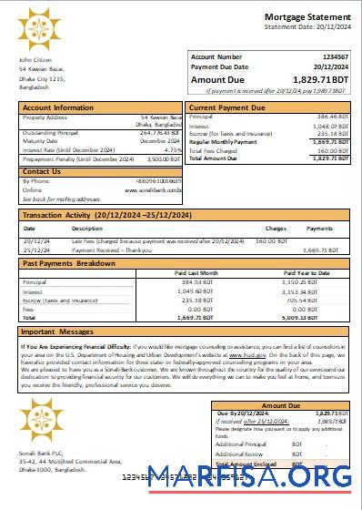 Downloadable Bangladesh Sonali Bank mortgage statement scr example